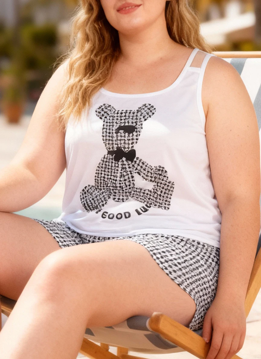 

Женский комплект домашней одежды больших размеров на весну и лето, камзол и шорты с клетчатым принтом милого мультяшного медведя