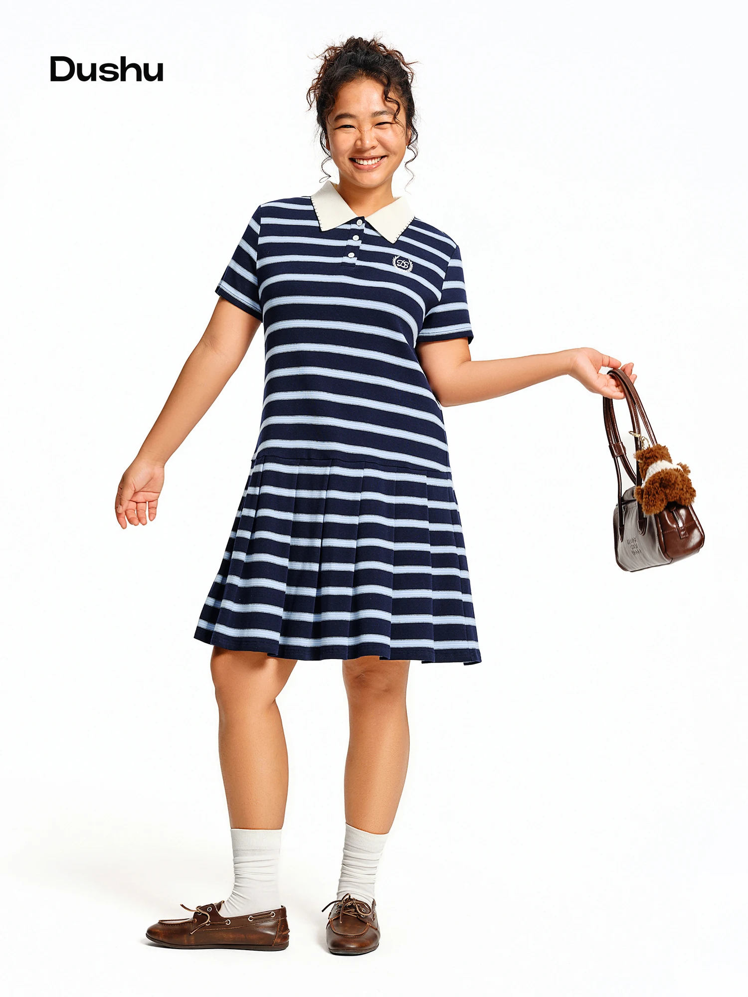 

DUSHU Color-blocked Preppy Style Dresses Women Summer 2026 New Style Embroidered A-line Pleated Hem Striped Sundress Leisure