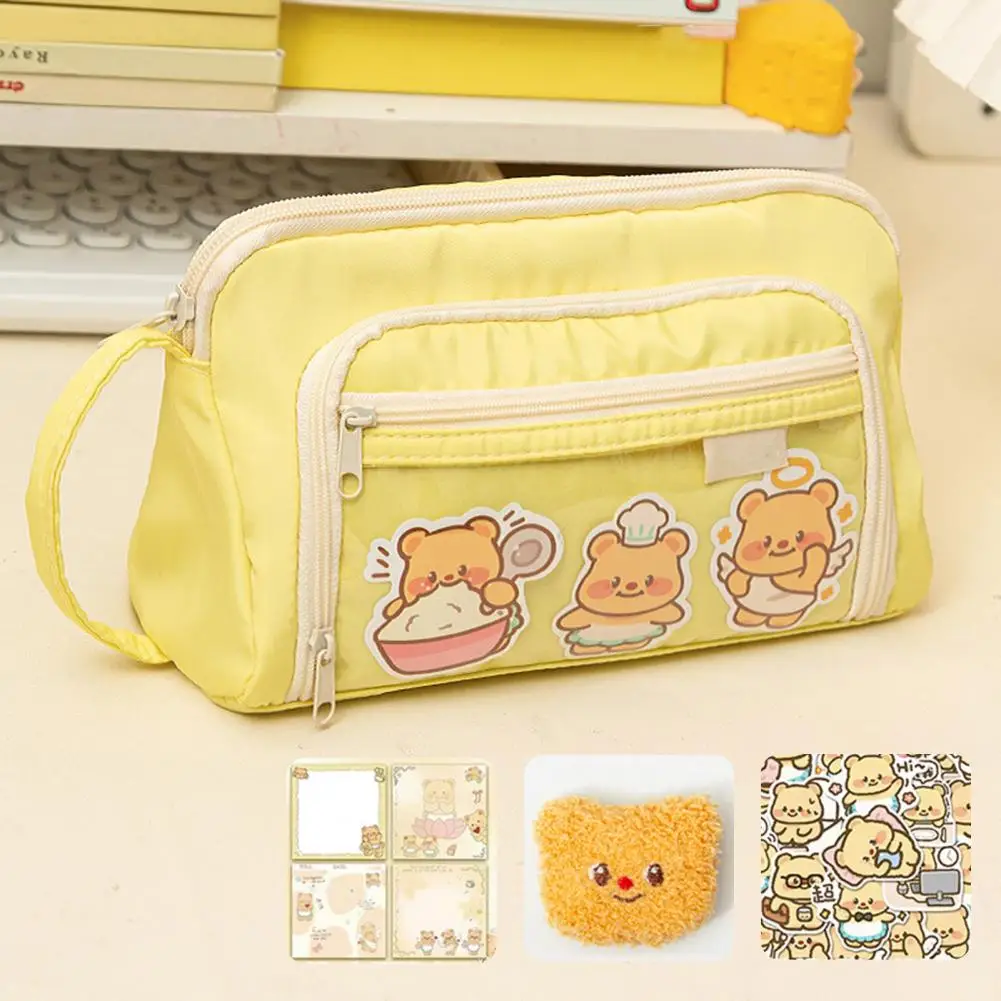 Professional Pen Storage Bag Capacity Cartoon Bear Pattern Pencil Case with Zipper Closure Handle Strap Student for Organization