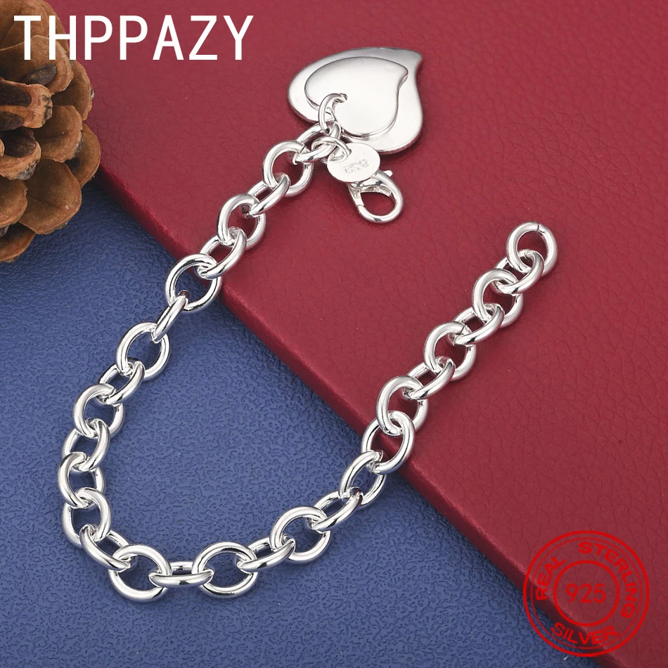 

THPPAZY 925 Sterling Silver Double Heart Bracelet For Women Pretty Original Jewelry Birthday Wedding Engagement Gift Accessories