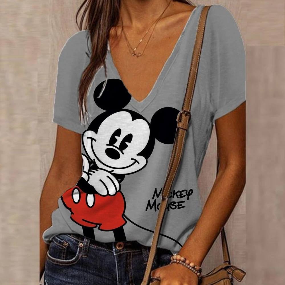 2024 Summer Women\'s Elegant Short sleeved Retro Disney Mickey Mouse Print Top Daily Street Fashion T-shirt Sexy V-neck T-shirt