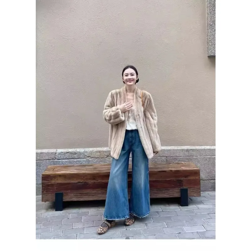 Women Loose Faux Mink Coat V Neck Open Front Long Sleeve Solid Pocket Elegant Thick Warm Jacket Autumn Winter Outerwear