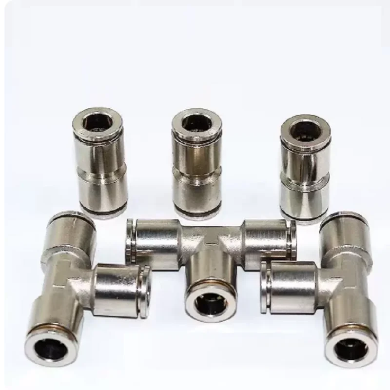 Metal Push Fit Pneumatic Fitting Straight Union & T Tee Connector Air Hose Quick Coupler 4mm 6mm 8mm 10mm 12mm PU Tube Air Compr