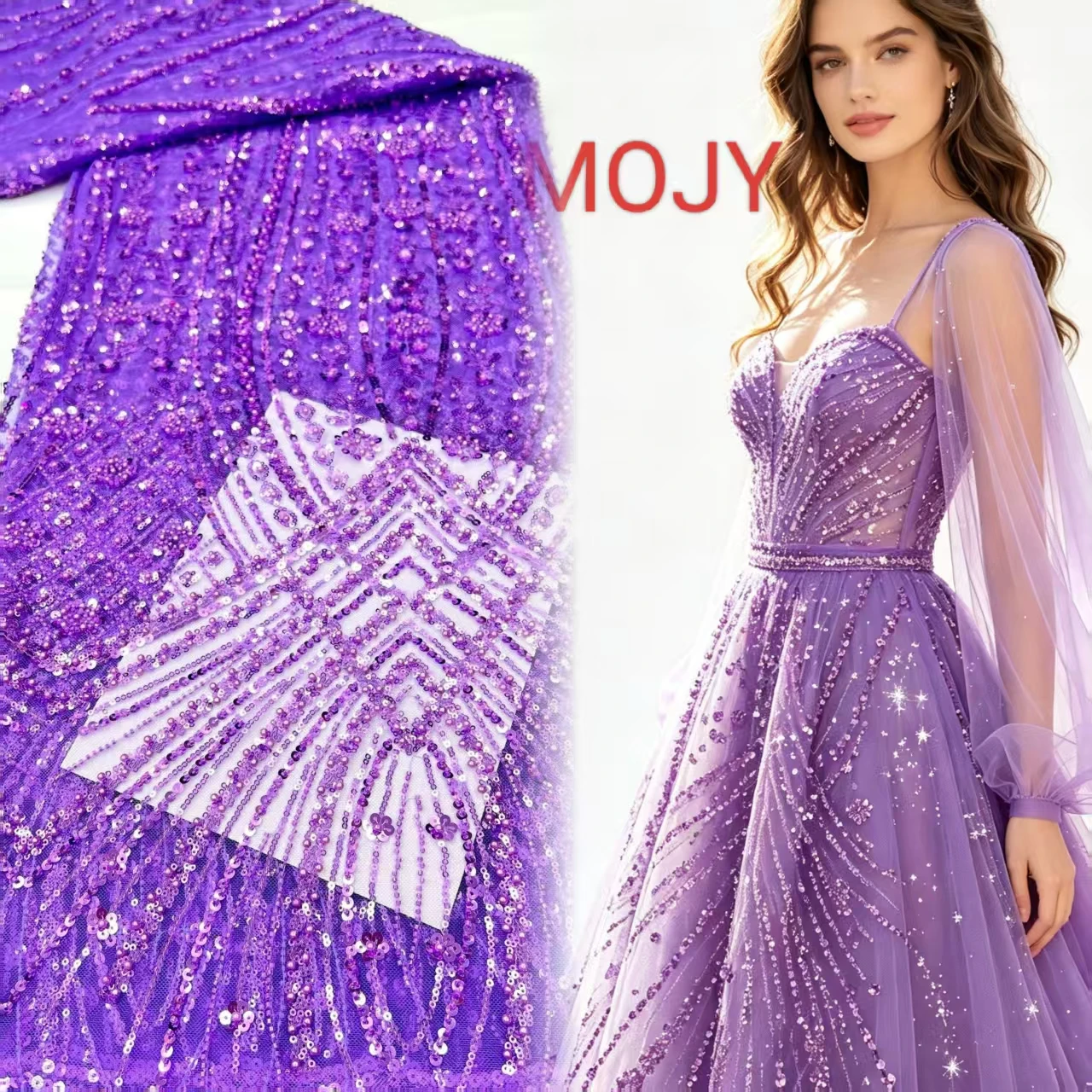 Vibrant Purple Tulle Lace Fabric Geometric Rhombus Sequins Beaded Embroidery Luxury European Evening Prom Wedding Formal Party G