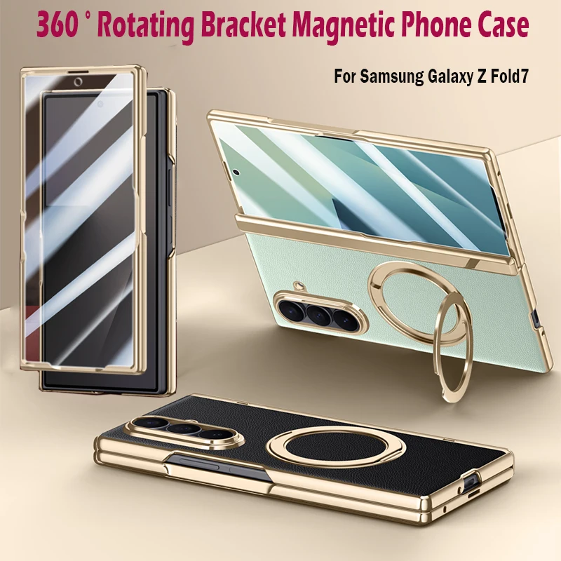 

360 ° Вращающийся чехол-держатель с магнитным кольцом для Samsung Galaxy Z Fold7, защитная пленка для экрана Magsafe, роскошный противоударный чехол из искусственной кожи