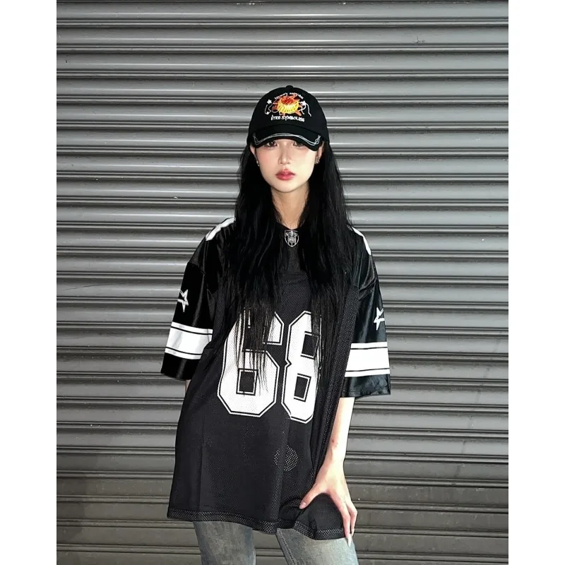 Summer New Black Speed 68 Print T-Shirt For Women V-Neck Patchwork Short Sleeve Sports Football Jersey Y2K Loose Oversized Tops