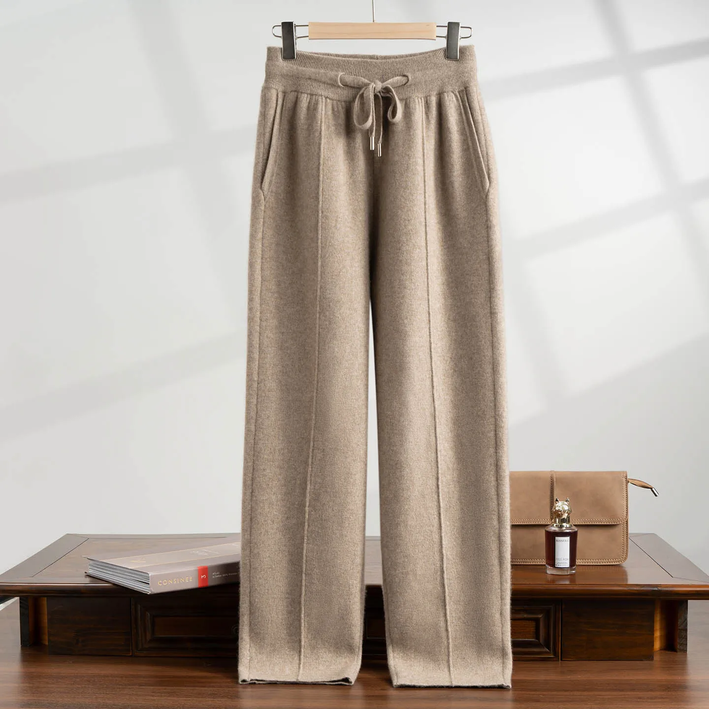 

High Quality Men's 100% Cashmere Straight Pants Thickened Warm Business Casual Autumn Winter Elastic Waist Solid Knit Trousers