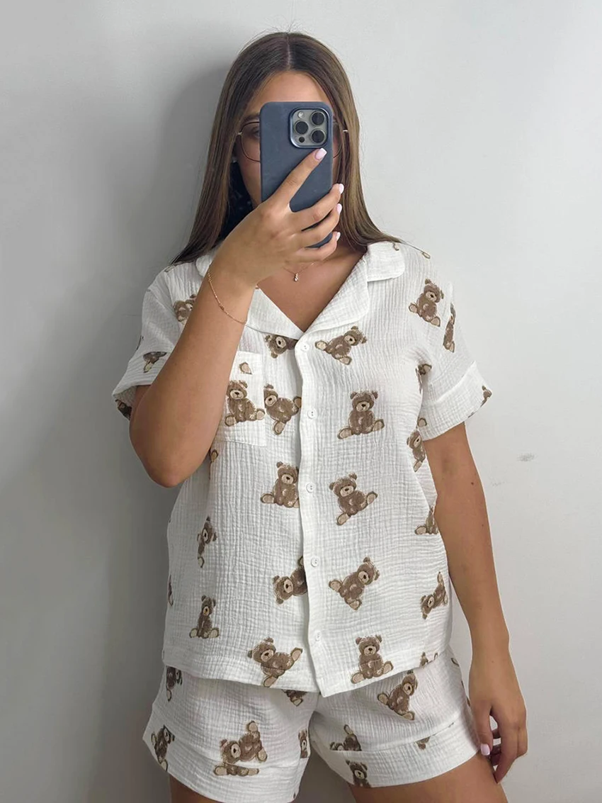 

Marthaqiqi Cotton Women Nightwear Set Sexy Turn-Down Collar Pajamas Short Sleeve Nightgowns Shorts Casual Ladies Sleepwear Suit