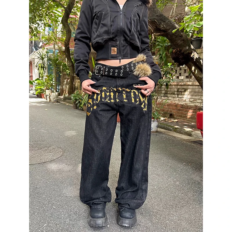 ZHIZOU Women Black Baggy Y2k Jeans Print Grunge Jean Pants Vintage Harajuku Oversize Washed Denim Trousers Alternative Clothes view 3