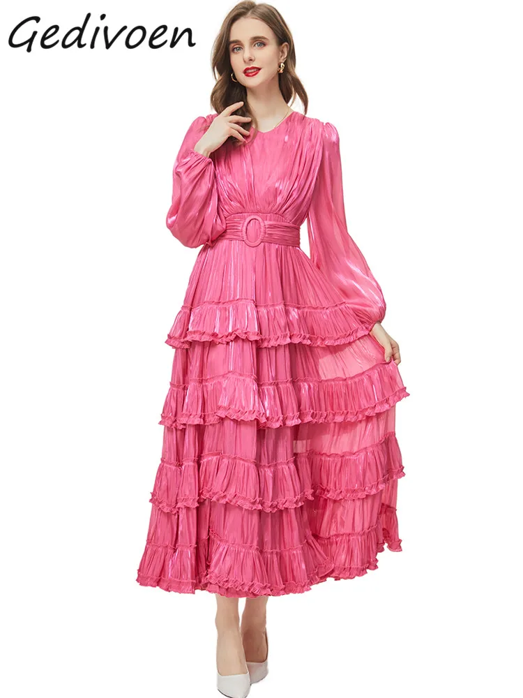 

Gedivoen Autumn Fashion Runway Rose Red Vintage Dress Women V Neck Long Sleeve Sashes Ruffles High Waist Slim Pleated Long Dress