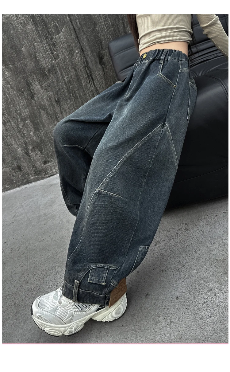 Neues Design Baggy Jeans für Mädchen, Herbst, locker, lässig, elastische Taille, Teenager-Kinder, weite Hosen, Streetwear, Kinderhosen – Detail 6