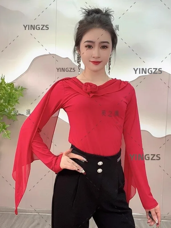 new-women's-dance-top-long-sleeve-slimming-square-latin-modern-dance-costume-elasticity-floral-draping-fitness-sportswear