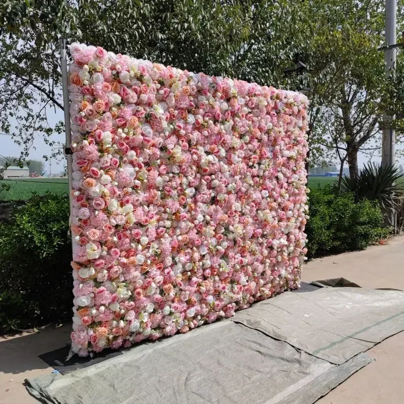 Custom High Quality 5D Pink Fabric Artificial Flower Wall Rolling Up Curtain Flower Wall Backdrop For Wedding Event Decoration