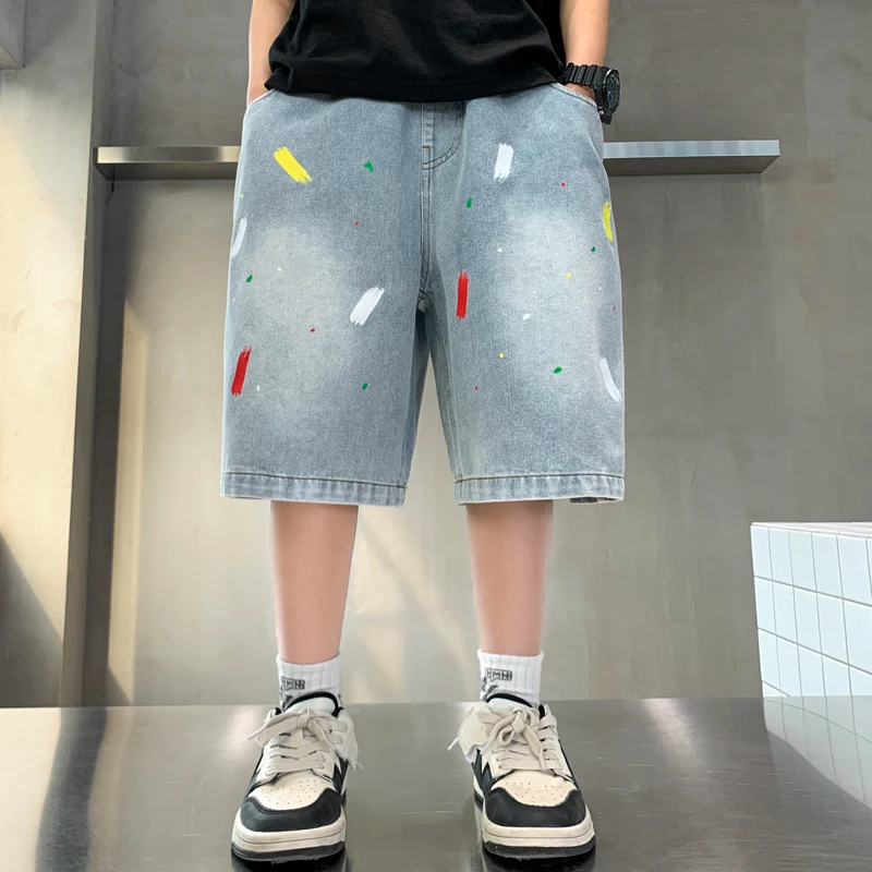 New Kids Designer Knee-Length Printed Denim Shorts with Drawings for Children Boy Loose Casual Capris Jeans 4 5 7 9 11 13 14 Y