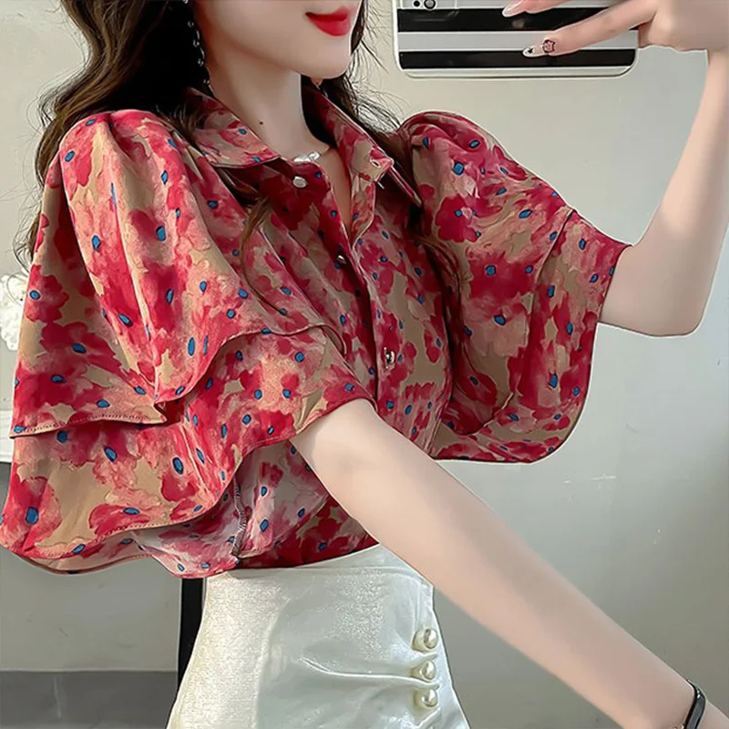 Summer New Fashion Sweet Printed Lady Short Sleeved Shirt Versatile Casual Elegant Loose and Slim Butterfly Sleeve Women\'s Top