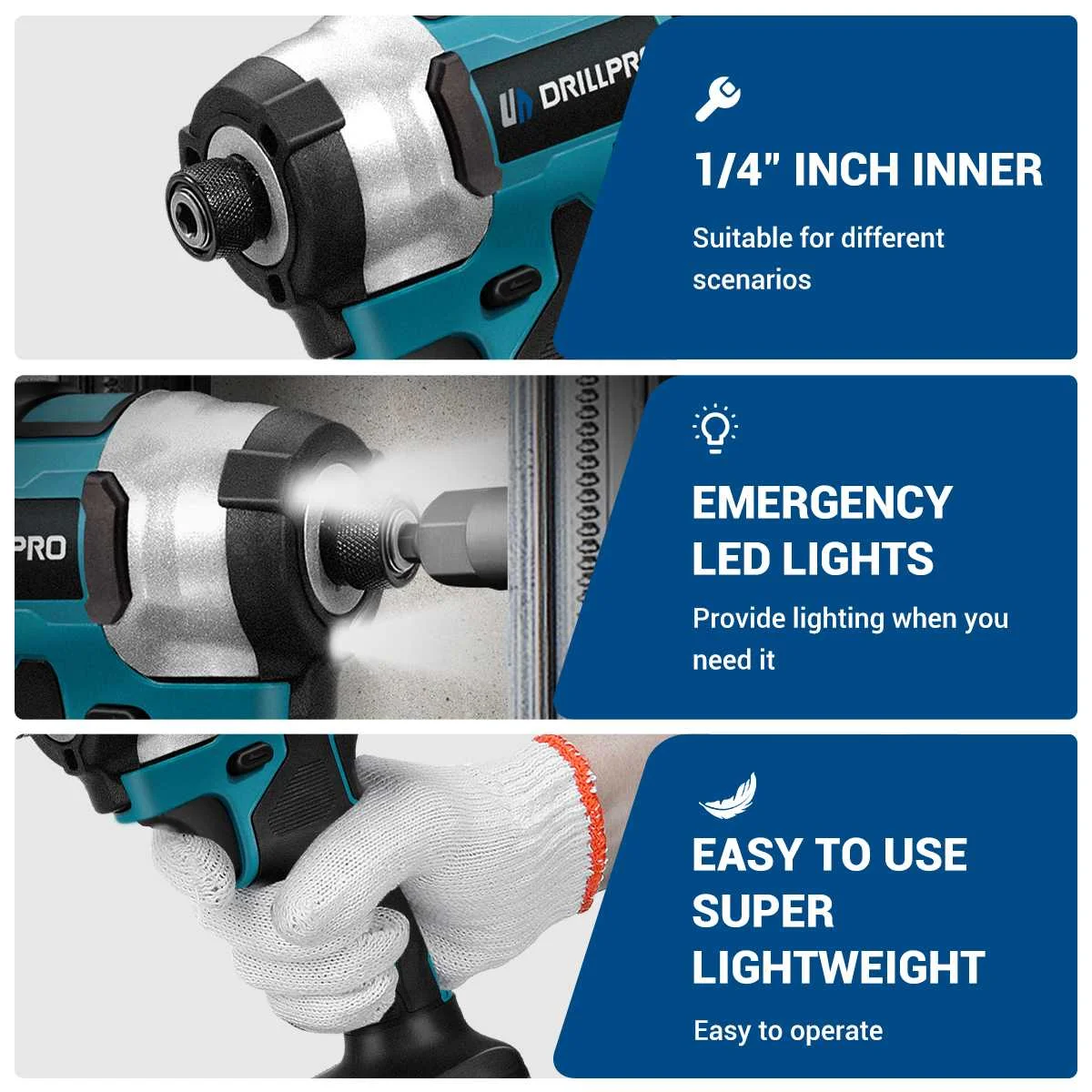 Drillpro1/4 inci obeng listrik tanpa kabel, alat listrik torsi tanpa kabel 280n. m 20 + 1 untuk baterai Makita