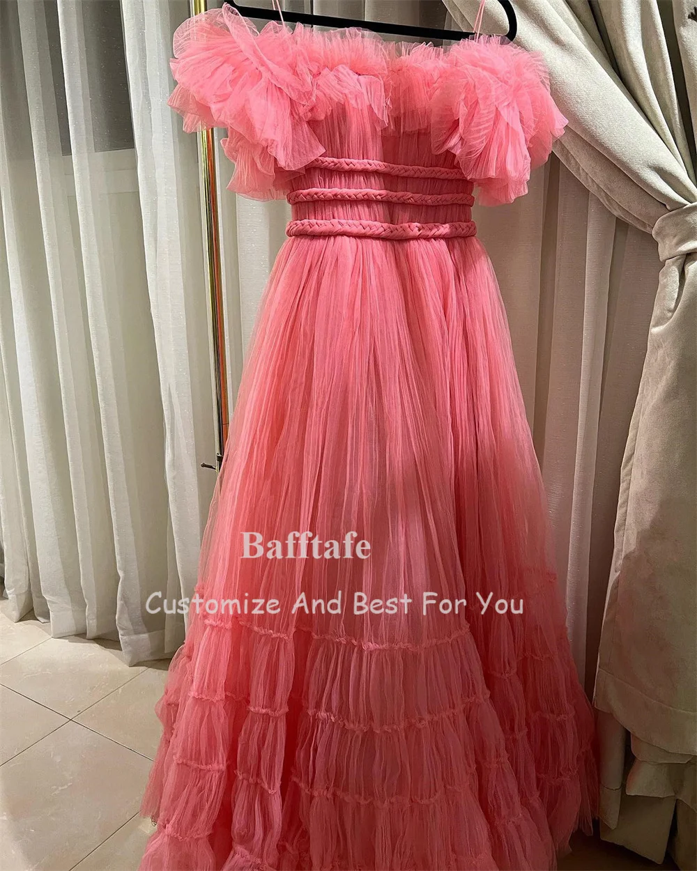 Bafftafe Pink Tulle A Line Ruffles Prom Party Gowns Pleated Long Formal Celebrity Dresses Women Special Customized Evening Gowns