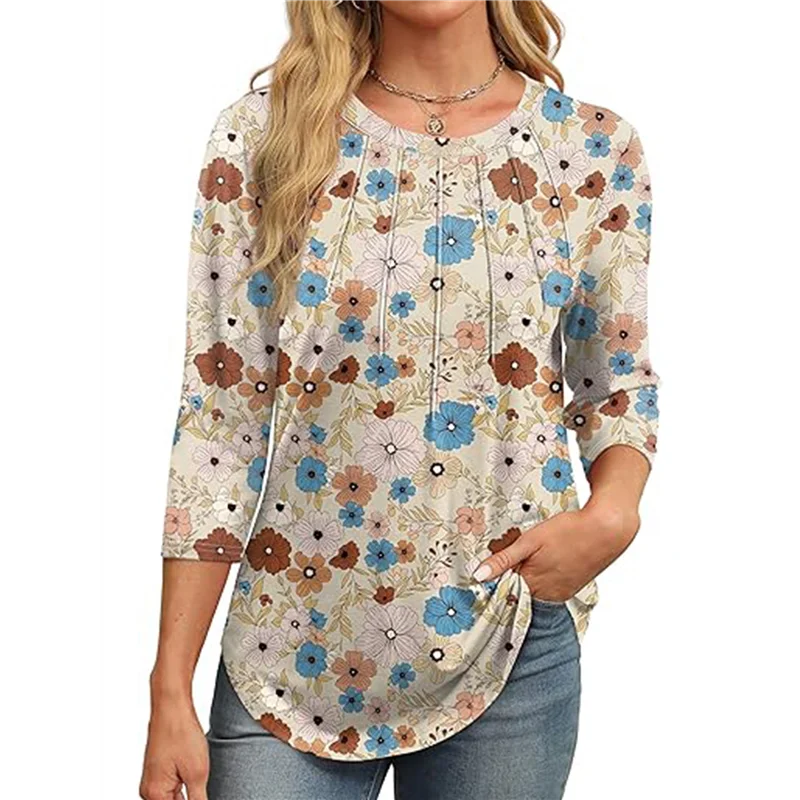 AOAO-3/4 Długość Rękawa Damskie Bluzki Okrągły Dekolt Codzienne Tuniki Podstawowe Plisowane Koszule Luźny Krój 2025