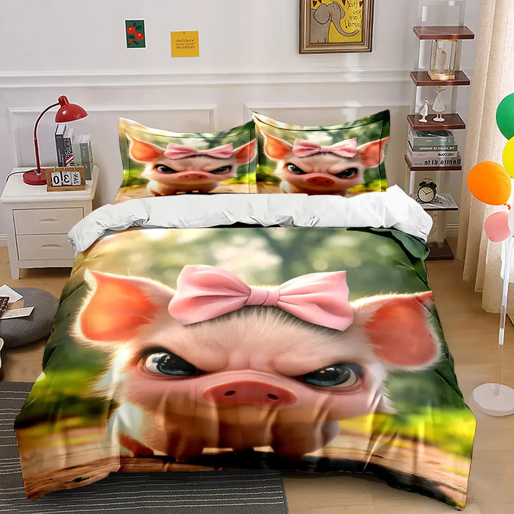 Piglet with Pink Bow in Sunlight Printed Duvet Cover Set 1 Duvet Cover+2 Pillowcase Multi Size Bedroom Bedding Decoration