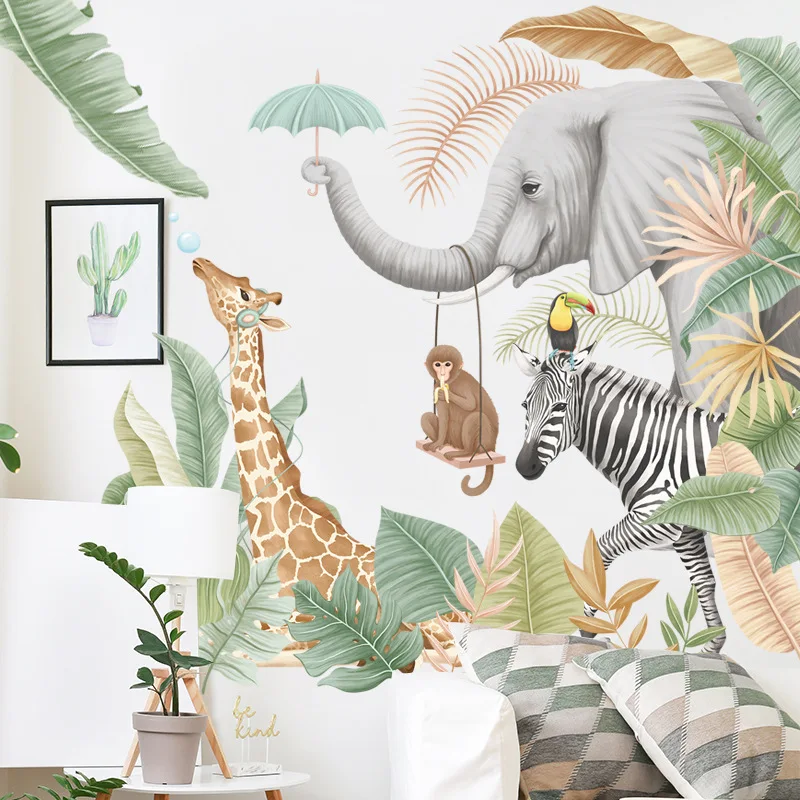 

Cartoon Jungle Animals Leaves Watercolor Vinyl Wall Stickers for Kids Room Baby Nursery Room Decoration Elephant Giraffe Sticker