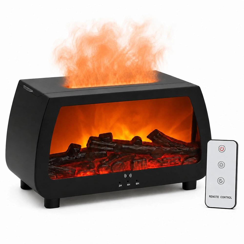 Quiet Fireplace Aromatherapy Diffuser, Ultrasonic Humidifier with Music Reactive Flame Effect, 7 Color LED Lights Remote Control
