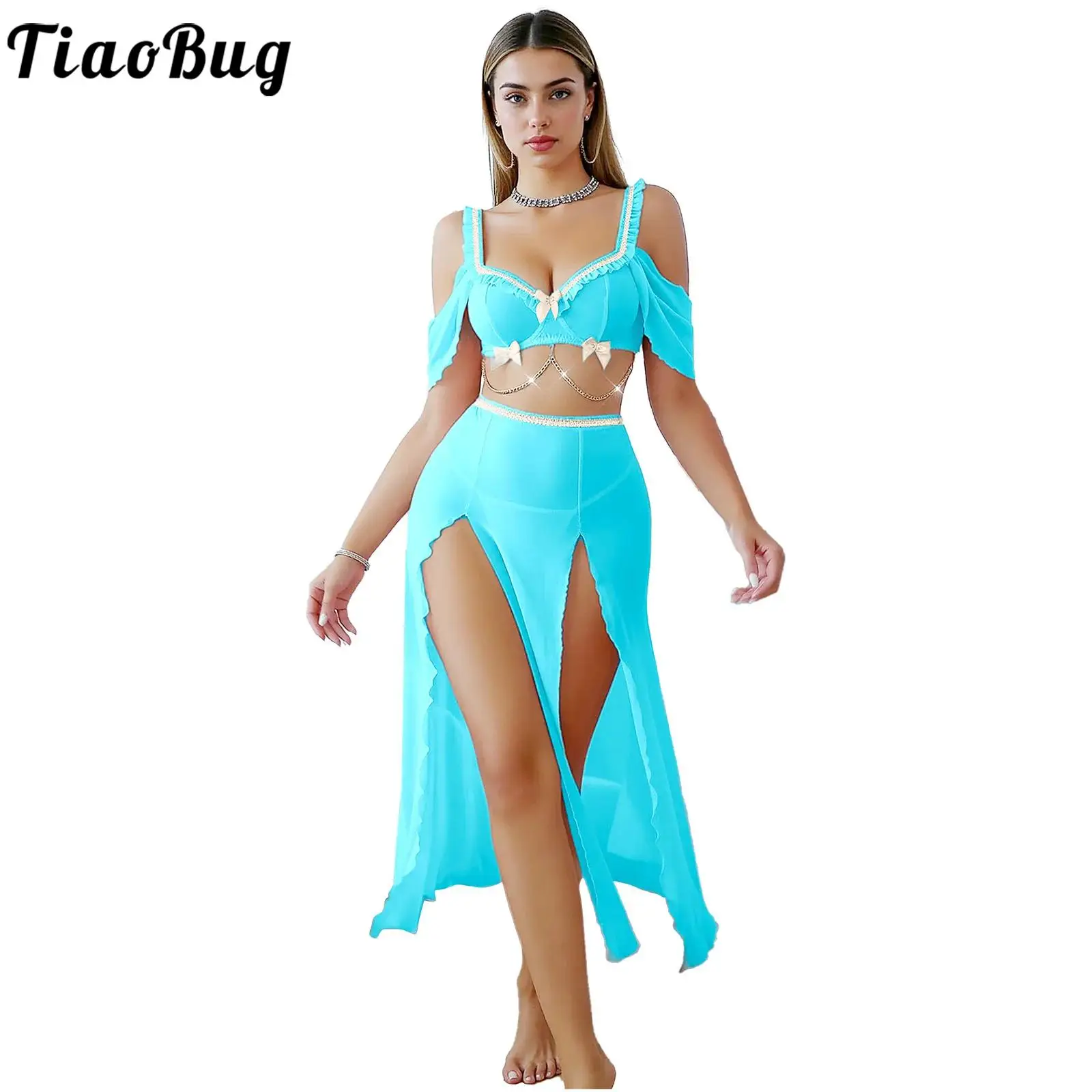 Women Arab Belly Princess Dance Performance Costume Bra Crop Top Waist Chain High Slit Skirt And T-back Thong Belly Dance Outfit