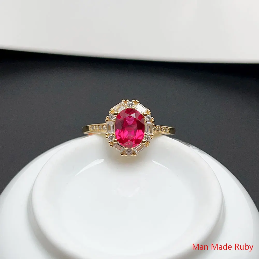 925 Silver Man Made Sapphire Ruby Ring 6mm*8mm High Quality Lab Created Crystal Ring with 3 Layers 18K Gold Plating - Image 3