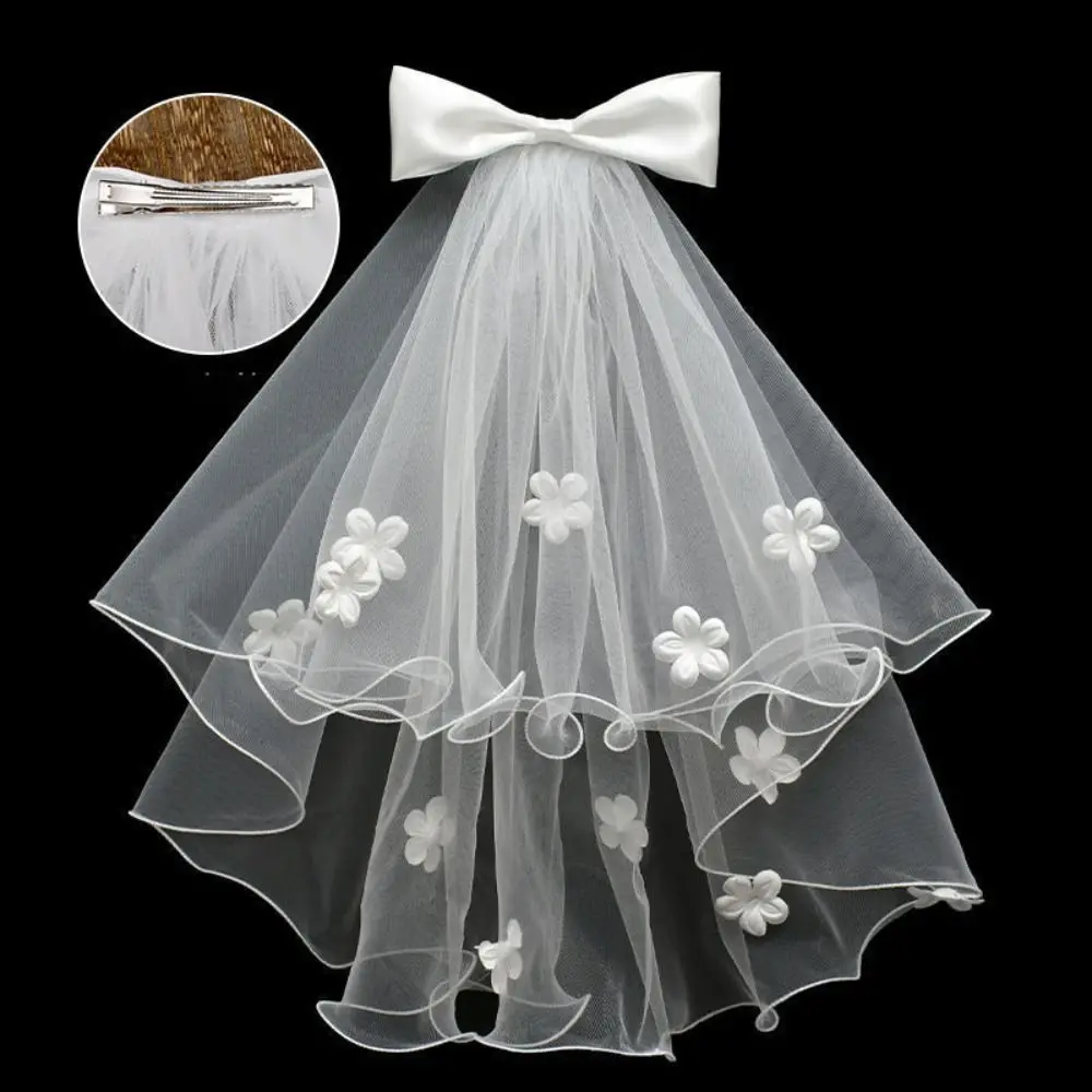

Sweet Flower Bridal Veil Bow Pearl Marry Veil Ribbon Bridal Headdress Bride Head Gauze Women