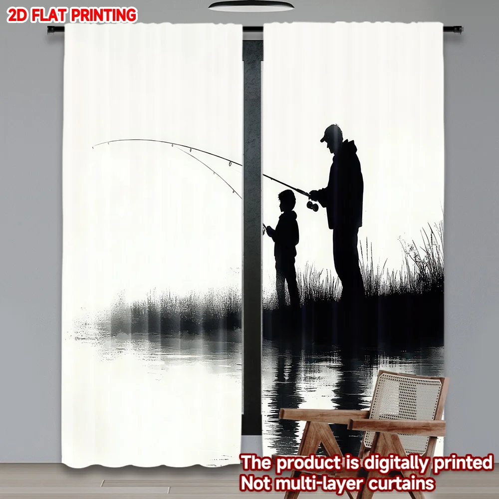 

2D flat printing 2pcs Scene Curtains Father's Day Fishing Scene Digital Printed Polyester Drapes Festive Curtains Perfect for