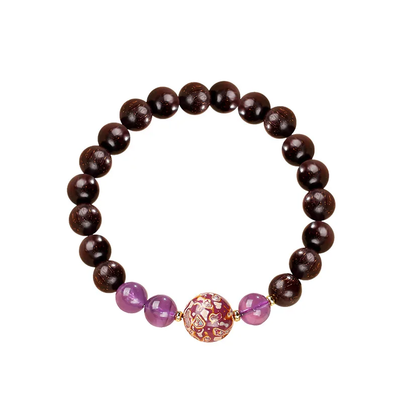 Natural Amethyst Rutilated Quartz, Small Leaf Red Sandalwood, Southern Red Agate & Lacquer Beads Bracelet – Jewelry Gift
