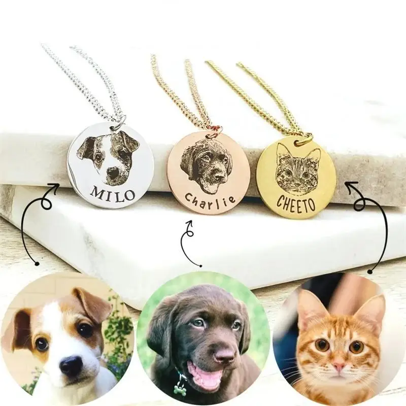 

Personalized Pet Photo Disc Necklace For Women Tiny Cat dog Name Pendant Necklaces Personalized pet portrait necklace