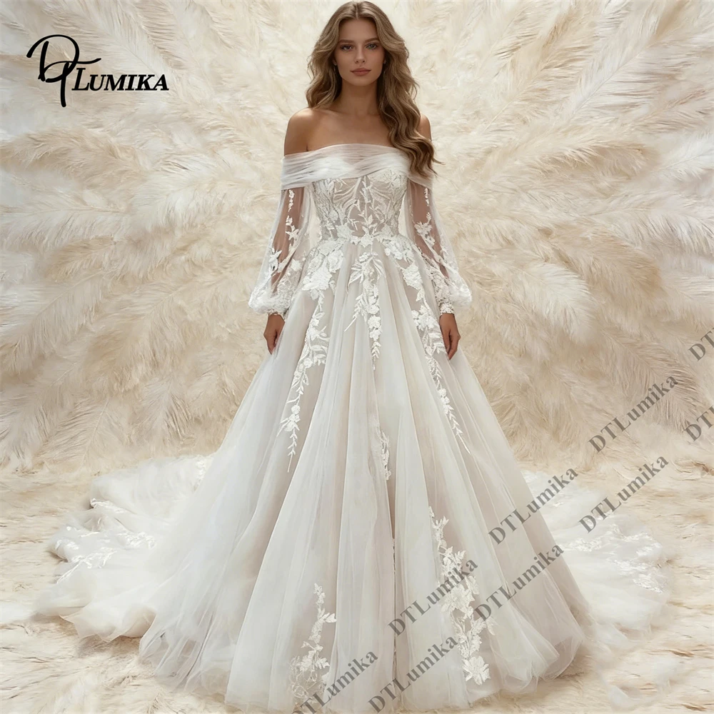 DTLumika Elegant Long Sleeve Wedding Gown, Lace Overlay Tulle A Line Ball Gown with Cathedral Train, Customizable Fit