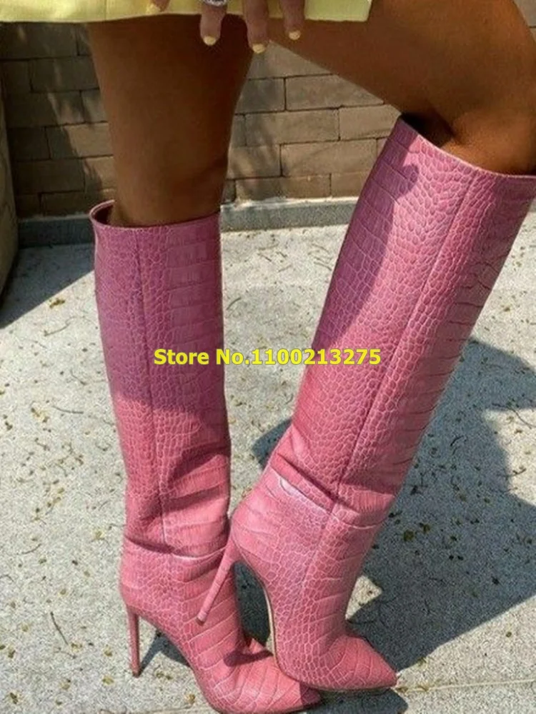 

Green Crocodile Knee High Boots Slip On Stiletto High Heel Sexy Pointed Toe Fashion Autumn Women Boots Solid Custom Made Shoes