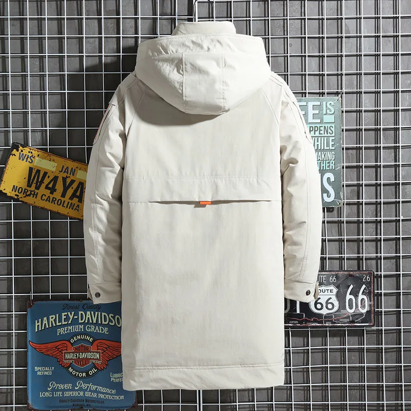 Hooded white duck down winter men's medium and long cold clothing youth windproof stand-up collar jacket tooling