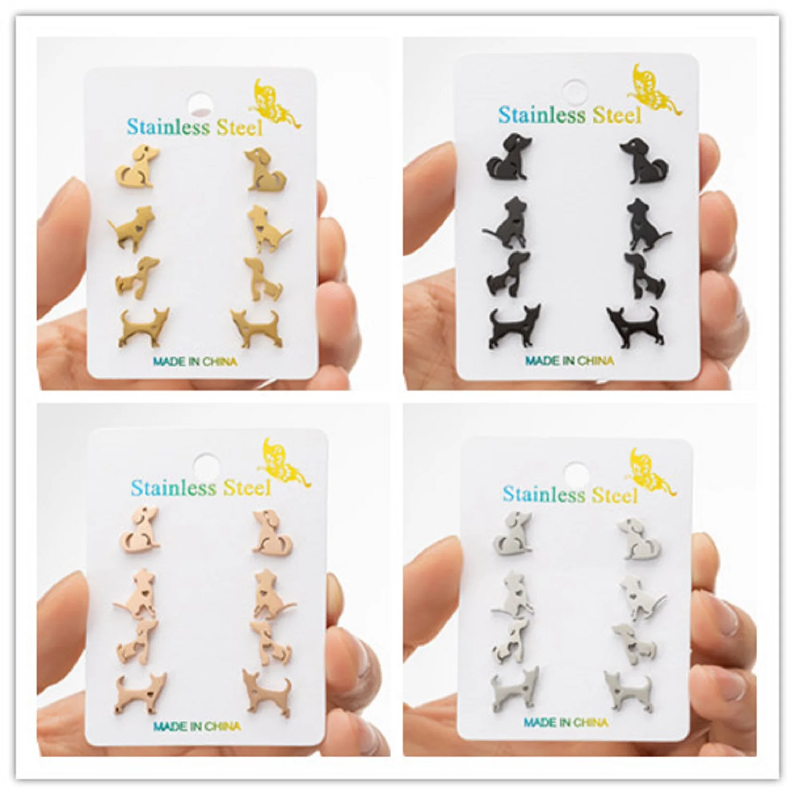 4Pair/Lot Mixed Animal Pet Dog Multiple Earrings For Girl Gold Color Piercing Ear Surgical Steel Trendy Woman Earring 2024