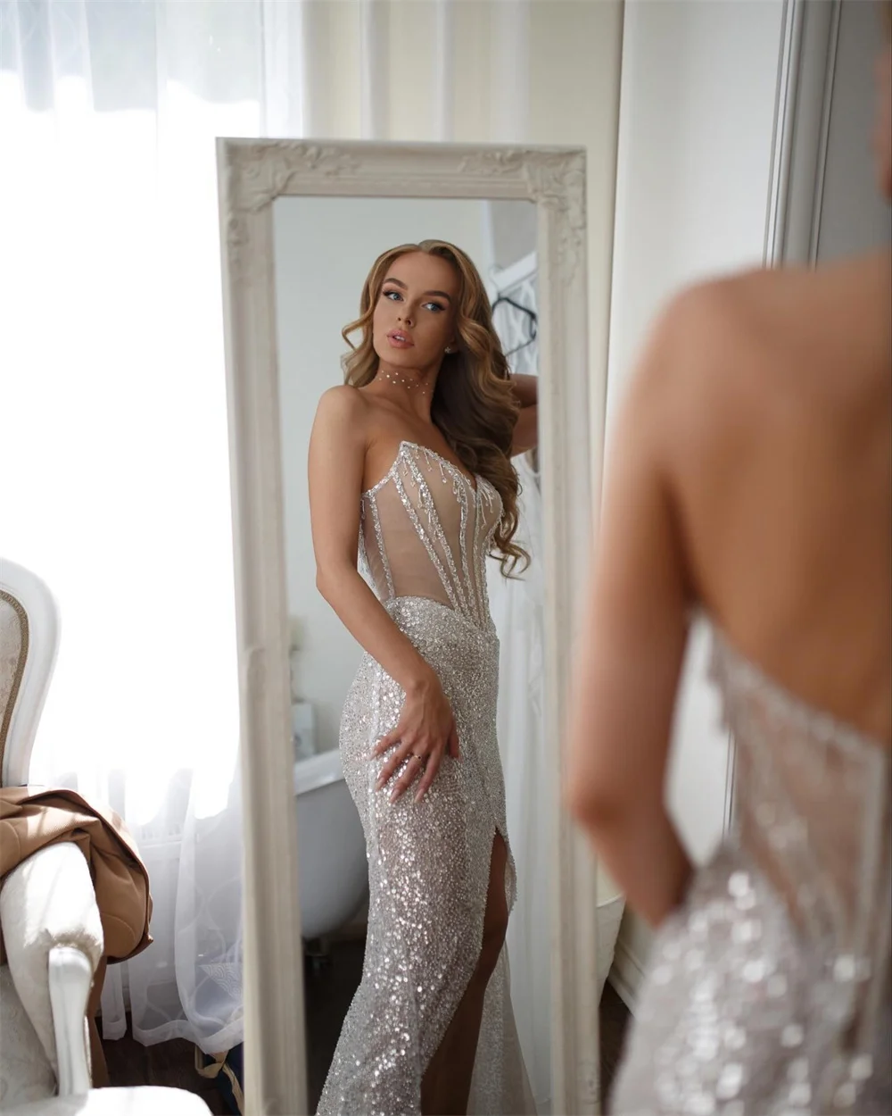 Tóquio personalizado lado branco alta divisão vestido de casamento sem alças mangas destacáveis tribunal trem vestido de noiva sereia vestido de casamento