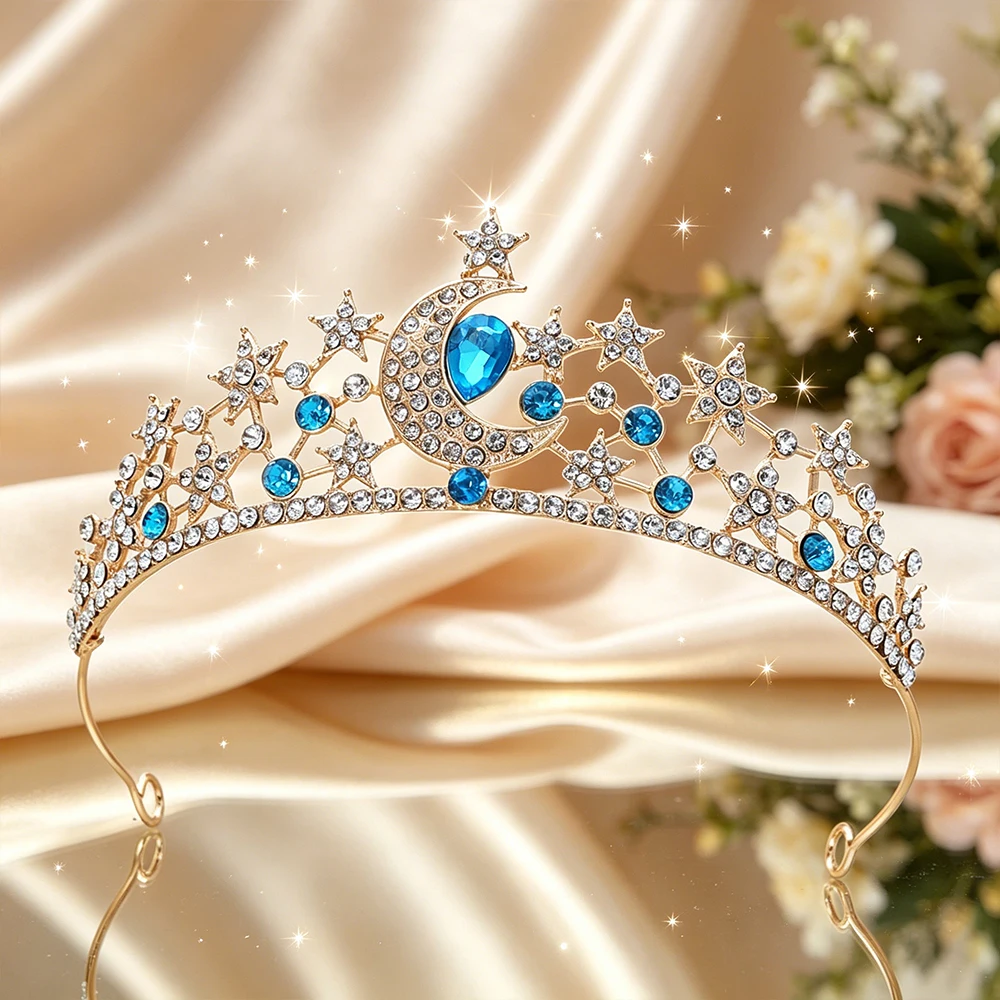 Gold Plated Moon Star Bridal Tiara Celestial Queen Crown Dreamy Starry Night Headpiece Wedding Prom Birthday Fairy Themed
