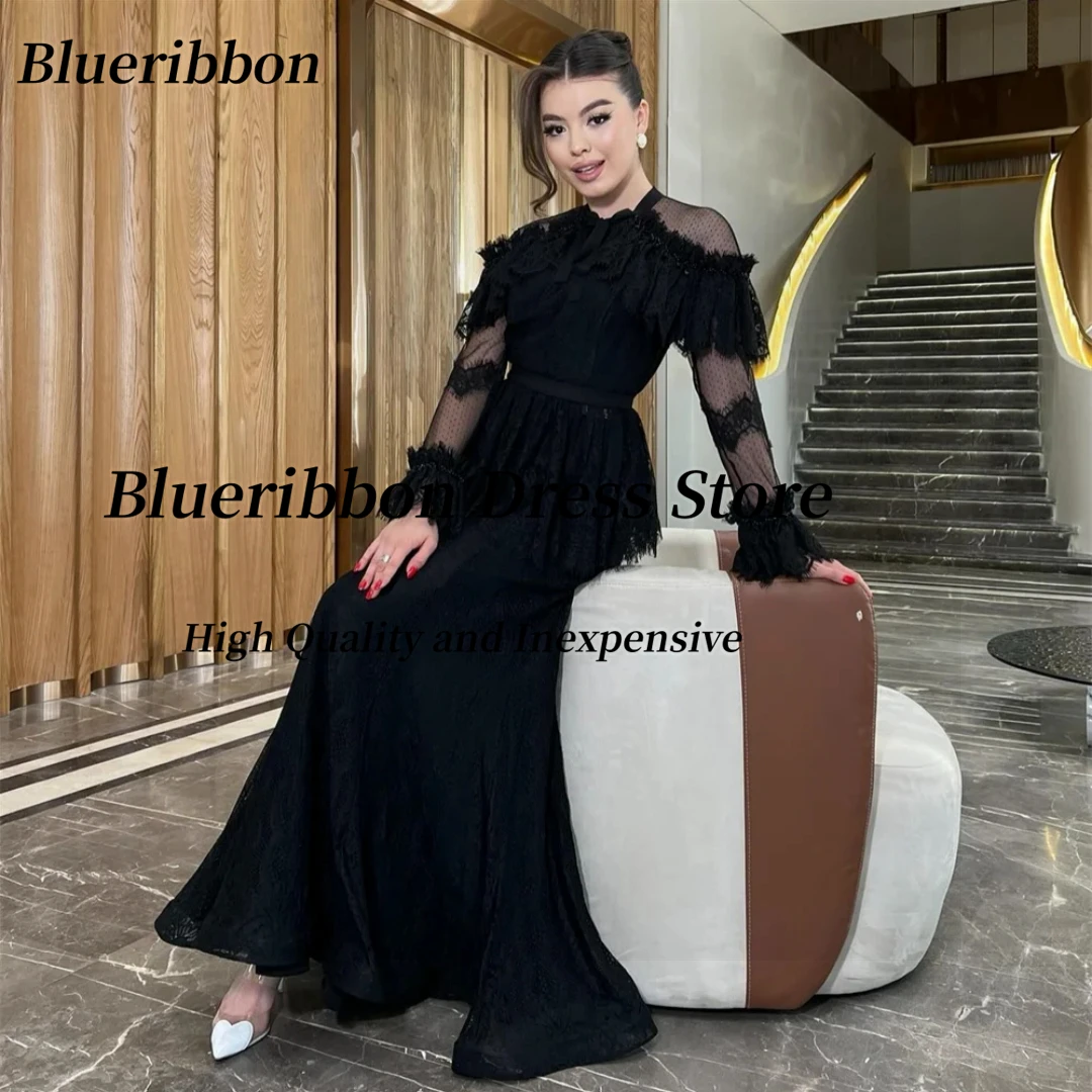 Blueribbon vestido de noite o-pescoço grânulo mangas compridas vestido de baile com zíper nas costas فساتuden لات ха14] Personalizado