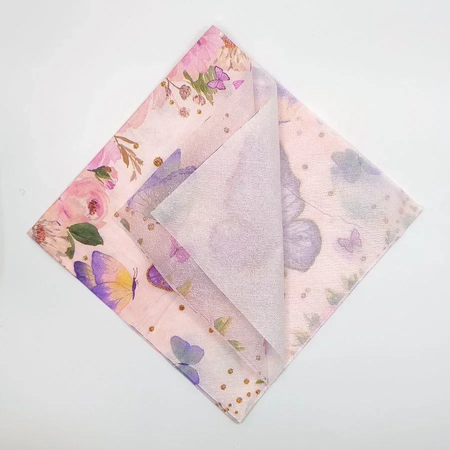 20pcs 33cm 2Layer Purple Butterfly Gold Crown Printed Napkins Party Atmosphere Pink Paper DIY Decoupage Paper