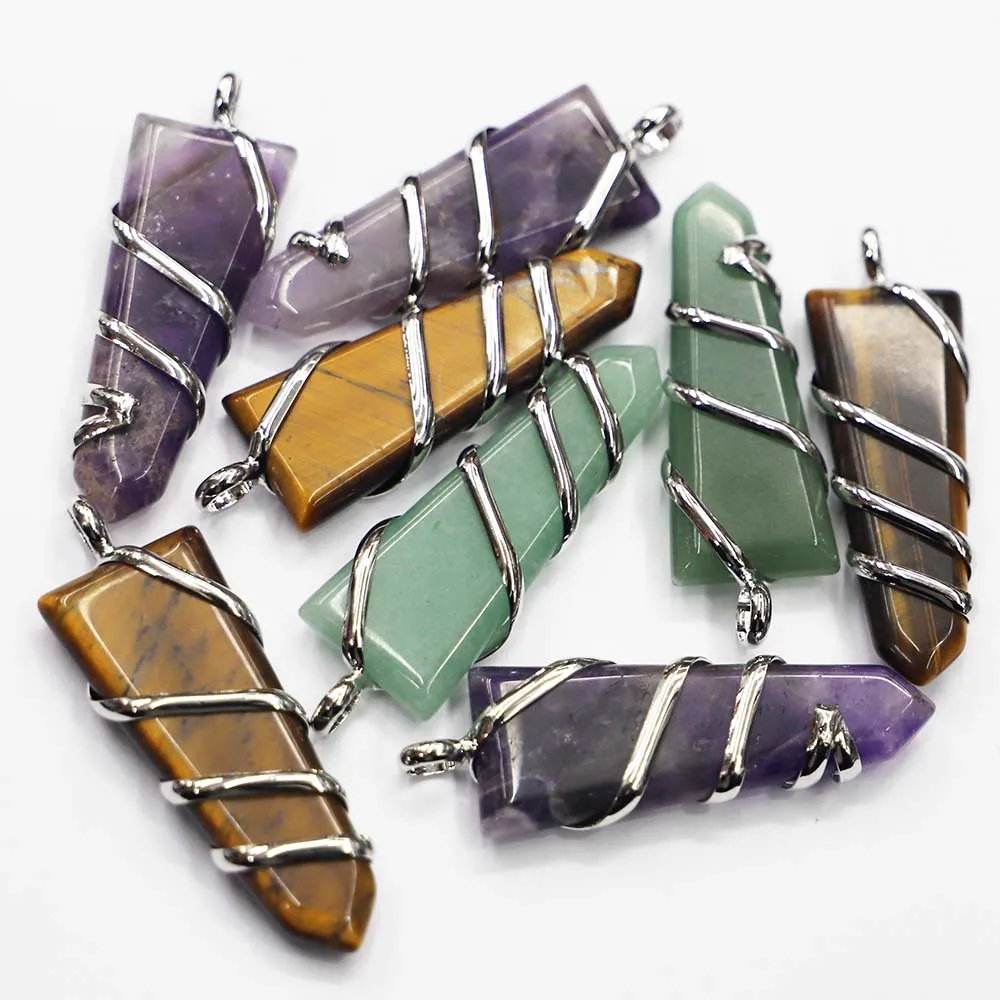 Fashion Natural Stone Multicolor Multilateral Wire Arrow Necklace Pendant Mineral Cure Charms Jewelry Accessories Wholesale 4Pcs