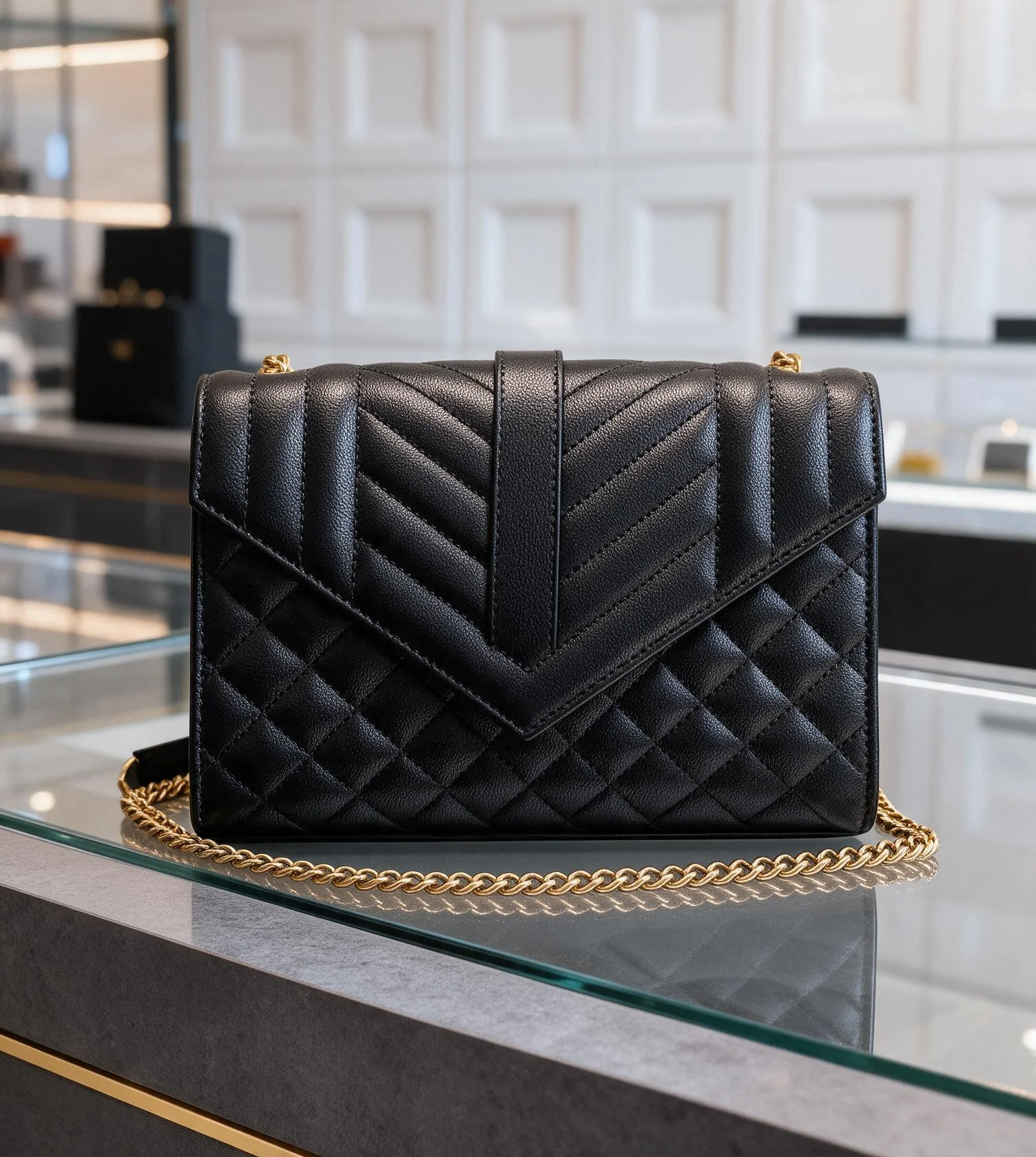 Quilted Leather Envelope Bag Women V Pattern Flap Chain Shoulder Bag Gold Metal Hardware Luxury Evening Crossbody Handbag