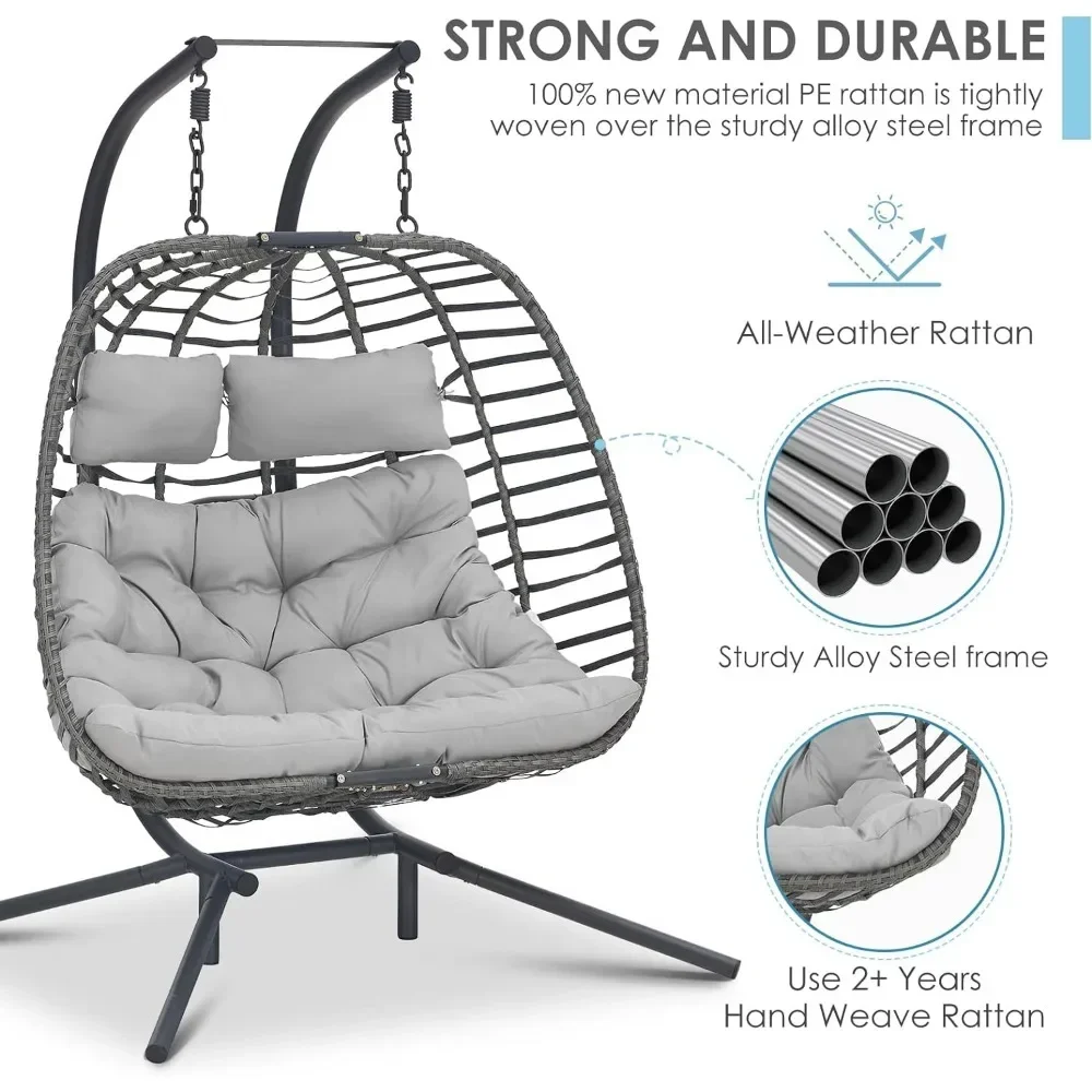 Double Swing Egg Chair With Stand,Chair For 2 People,Porch Loveseat With Thick Cushion And Sturdy Steel Stand For Indoor Outdoor