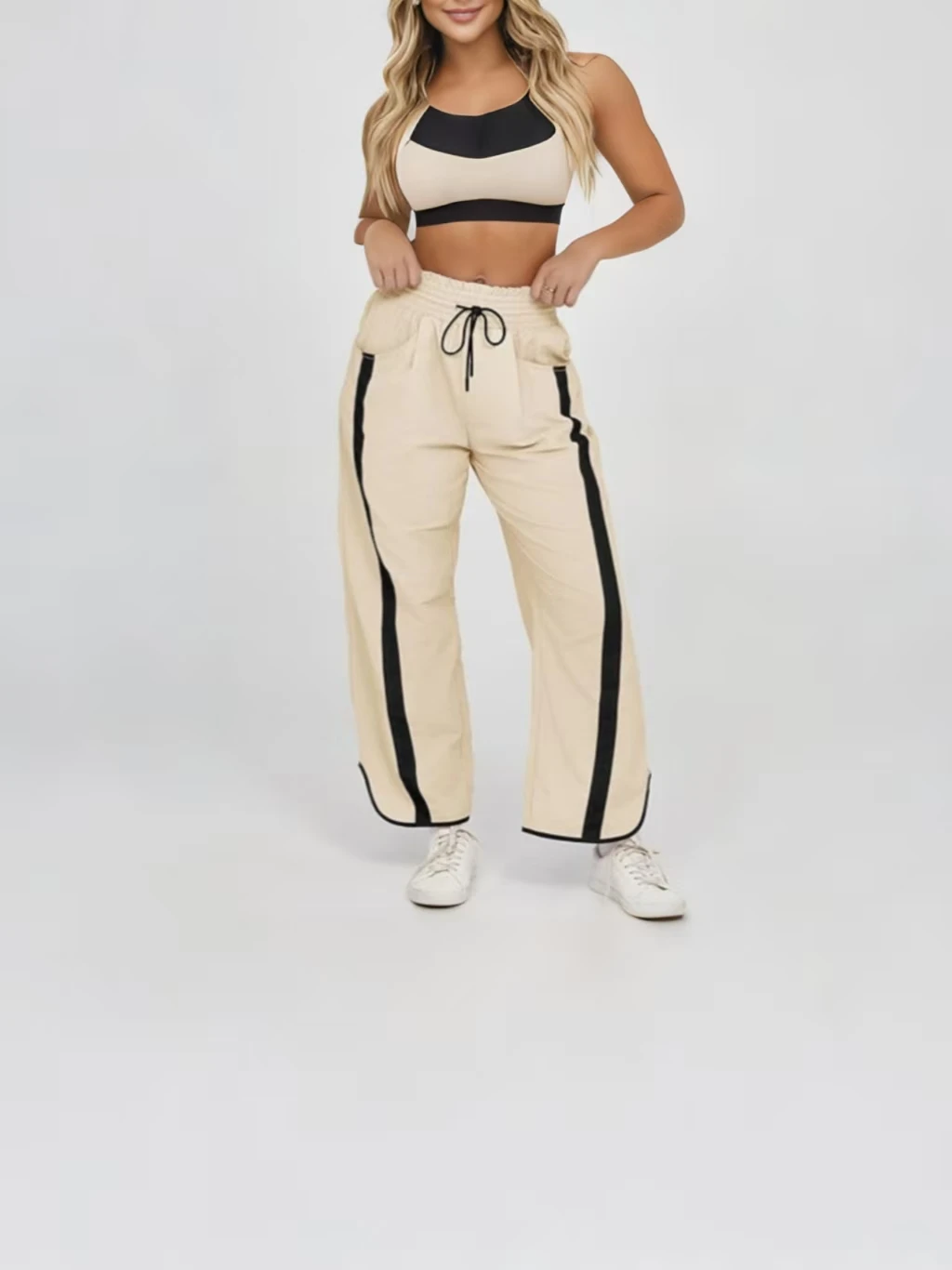 2025 Women's Loose Drawstring Pocket Pants, Casual and Loose Color-block Exercise Sport Pants