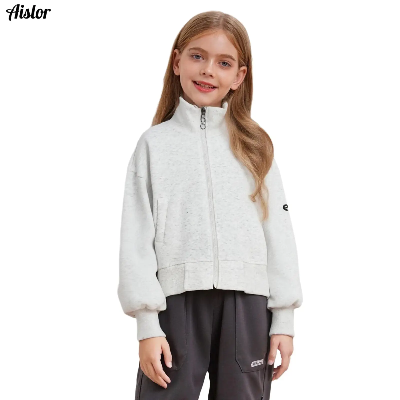 

Kids Girls Jacket Coat Spring Autumn Casual Top Fashion Zip-Up Stand Collar Long Sleeve Sweatshirt Loose Outerwear with Pockets