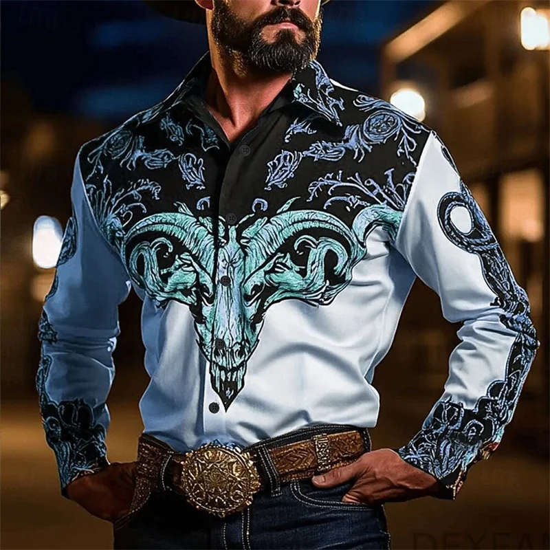 Men's Western Shirt Vintage Pattern Lapel Long Sleeve Button Print Top Fashion Clothing Designer Western Style Top