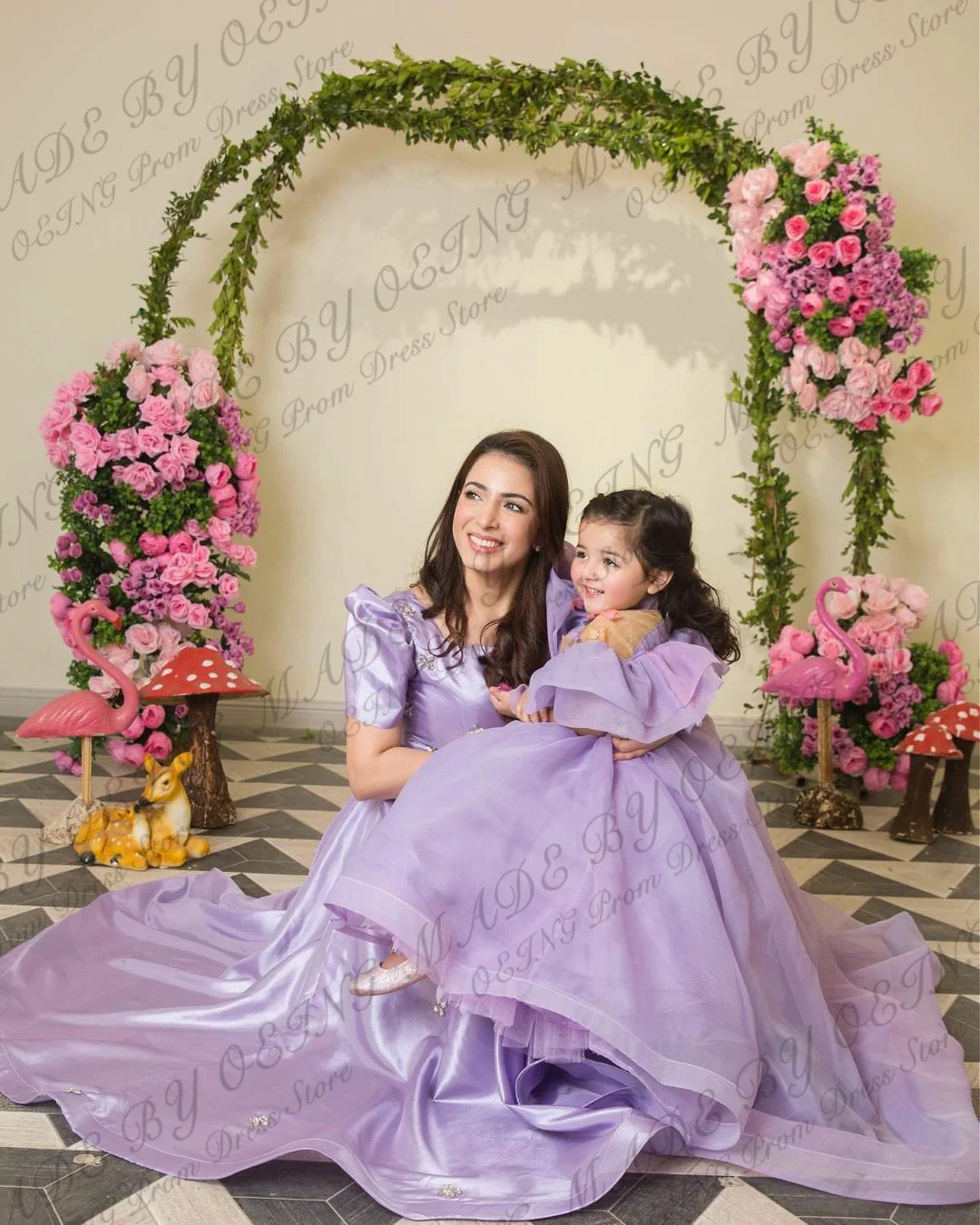 OEING-Vestidos Princesa Lavender A Line Prom, Manga Puff Elegante, Babados, Mãe e Filha, Sessão Fotográfica, Vestidos de Festa, Celebridade