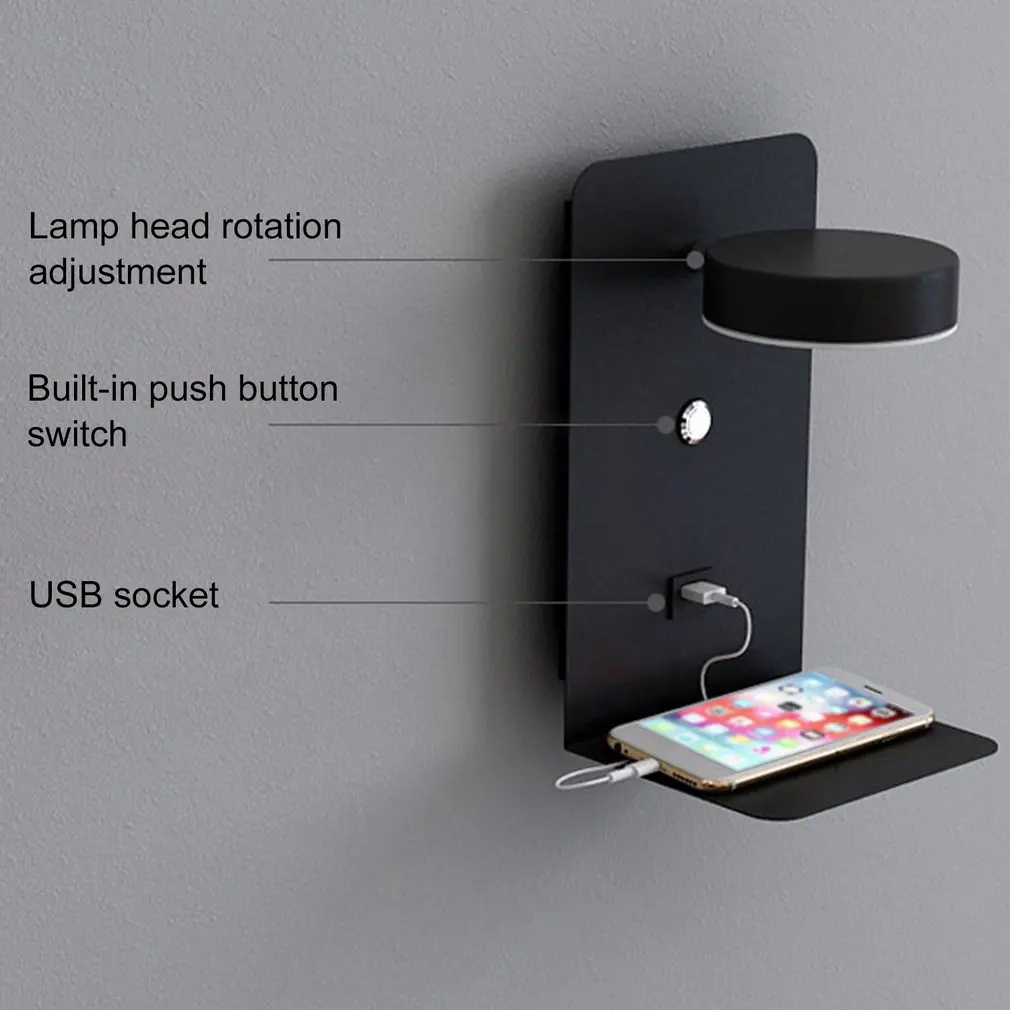 ABZV-Reading Wall Light with USB Port Charging Creative Rack Bedside Lamp with Switch -Black