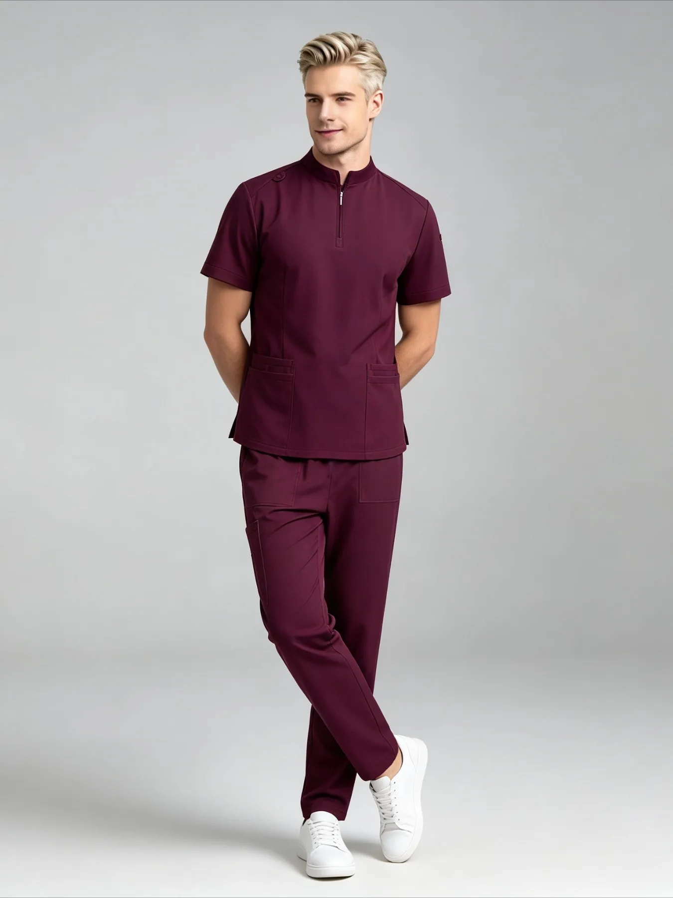 Multi Pocket Stand Collar Zip Short Sleeve Scrub Uniform Set Straight Leg Trousers For Hospital Clinic Beauty Salon SPA