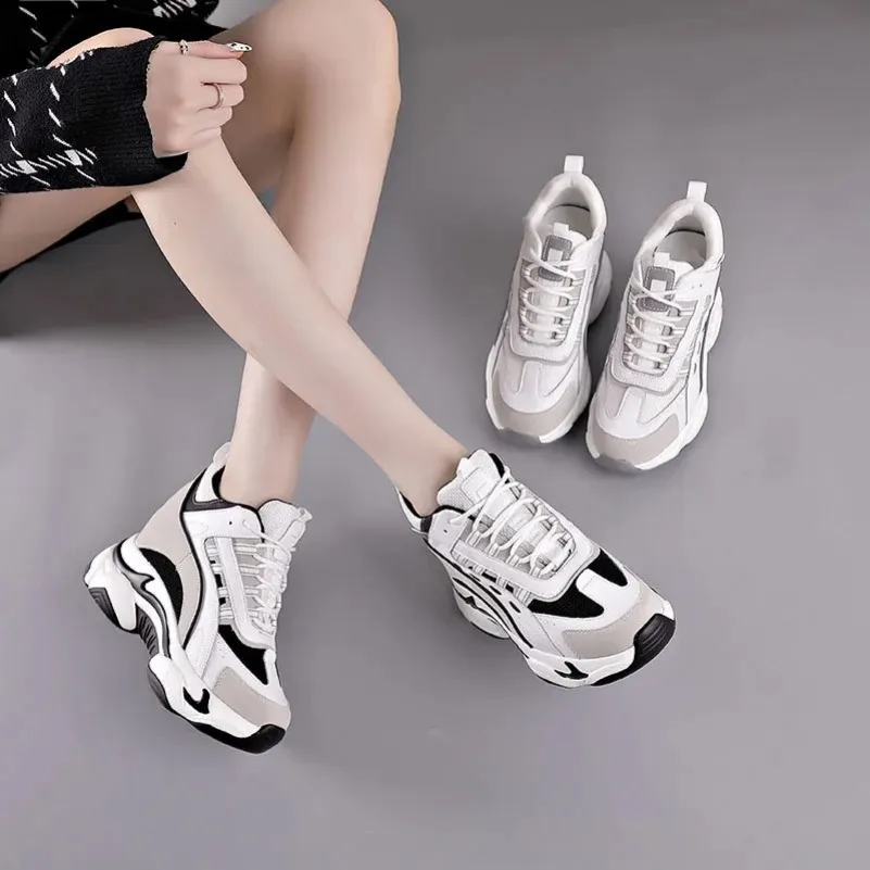 Fujin Platform Wedge Sneakers Chunky Shoes Dad Genuine Leather 9cm Heel Increased Height Vulcanized Shoes Boots Za