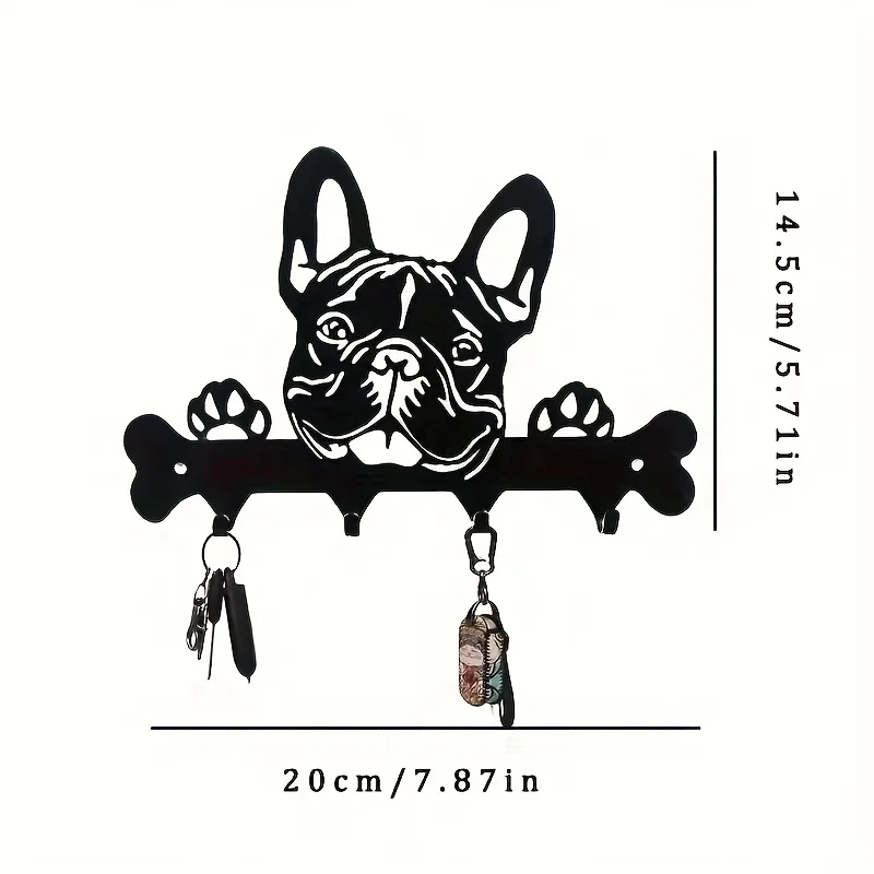 French Bulldog Key Holder Coat Rack Black Powder Coated Iron Wall Mounted Entry Storage with Paw Print Design